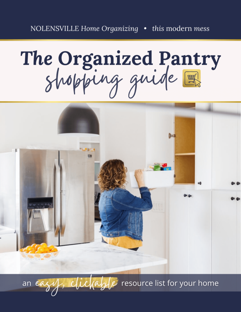 The Organized Pantry Shopping Guide cover with professional organizer Andrea Brame standing in a modern kitchen, and putting a bin full of boxed foods into a pantry. Additional text reads: "And easy, clickable resource list for your home."